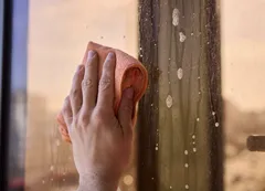 Hand reinigt raam met doek tijdens schoonmaak, strepen en waterdruppels zichtbaar