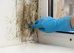 Vochtproblemen en schimmel bij raamkozijn, blauwe handschoen wijst op zwarte schimmelplekken.